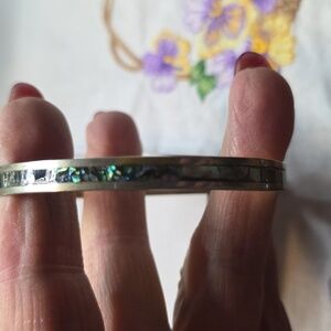 Beautiful Vintage Alpaca, Mexico Abalone Shell Inlay Bangle Bracelet